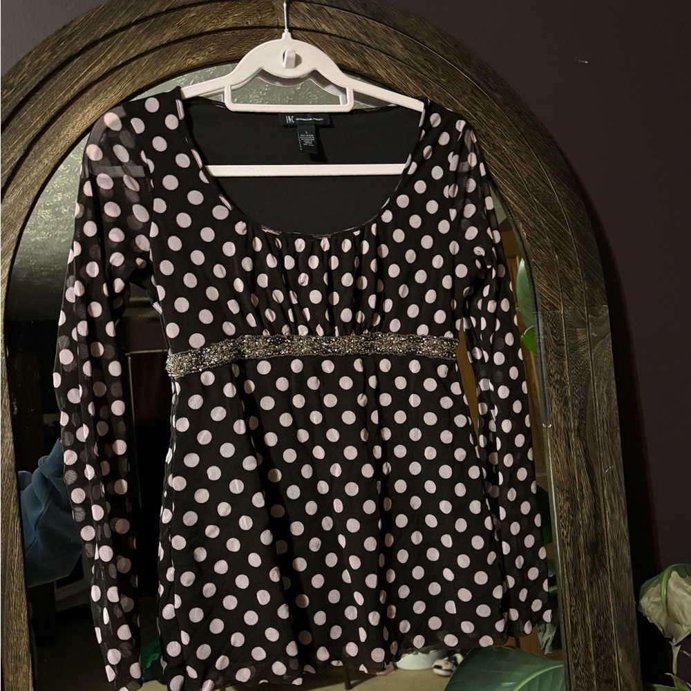 INC International Concepts Black and Pink Polka Dot Long Sleeve Top